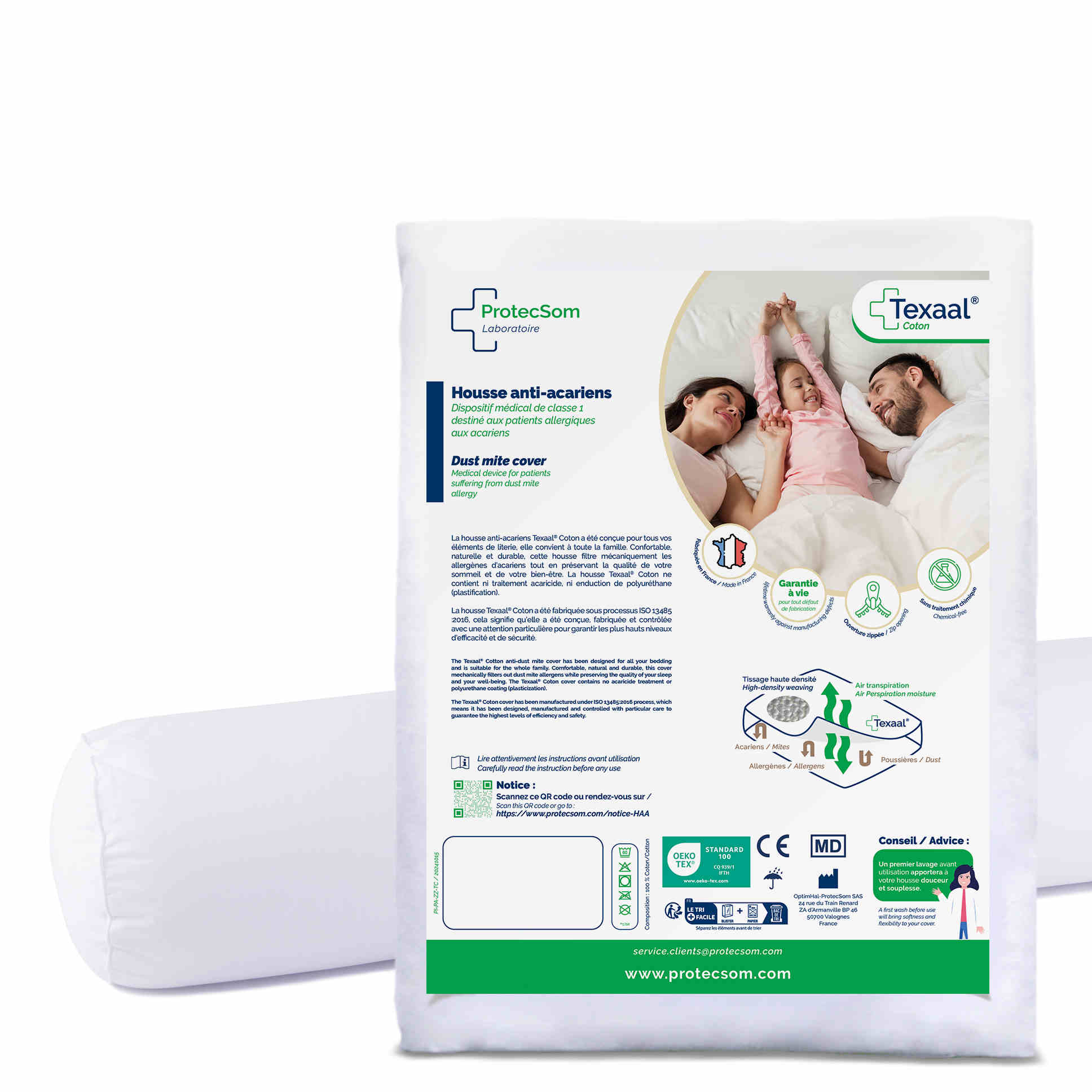 Housse anti-acariens pour traversin - Texaal® Coton